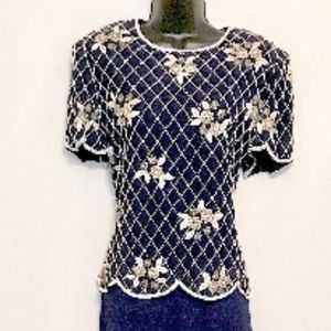 80s Navy White Bead Silk Gown  VS389